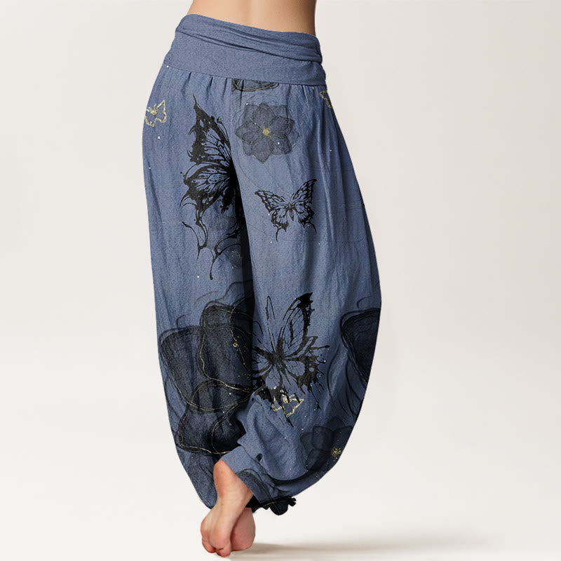 Nimara Ritual Cotton Butterfly Flowers Pattern Women's Elastic Waist Harem Pants