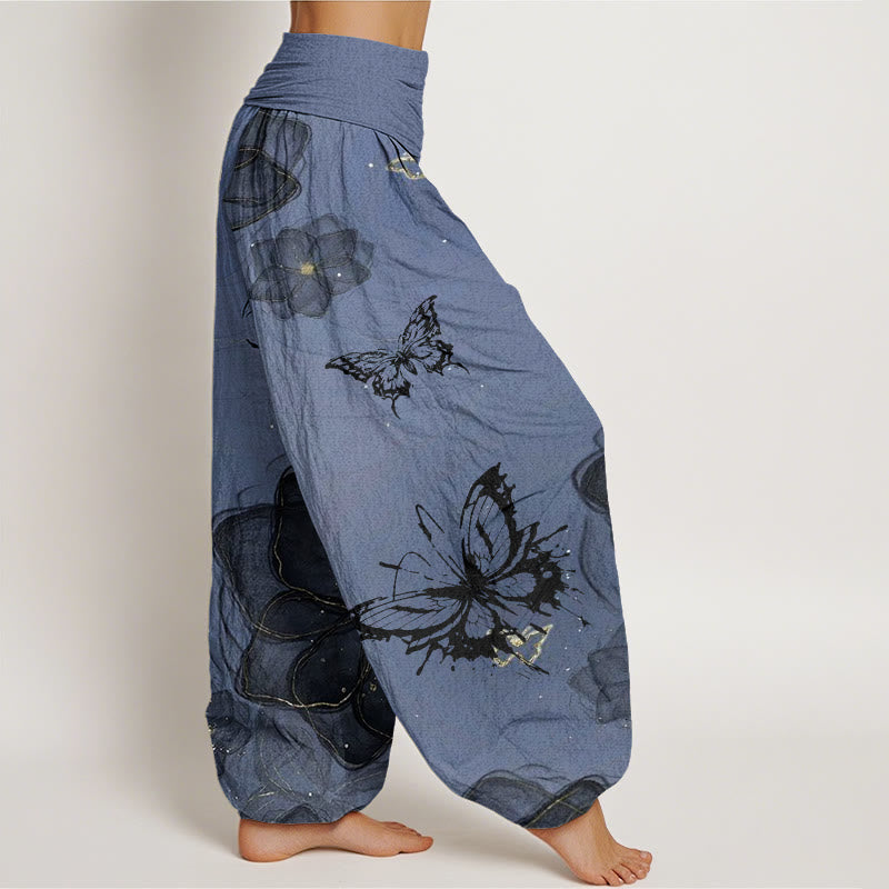 Nimara Ritual Cotton Butterfly Flowers Pattern Women's Elastic Waist Harem Pants