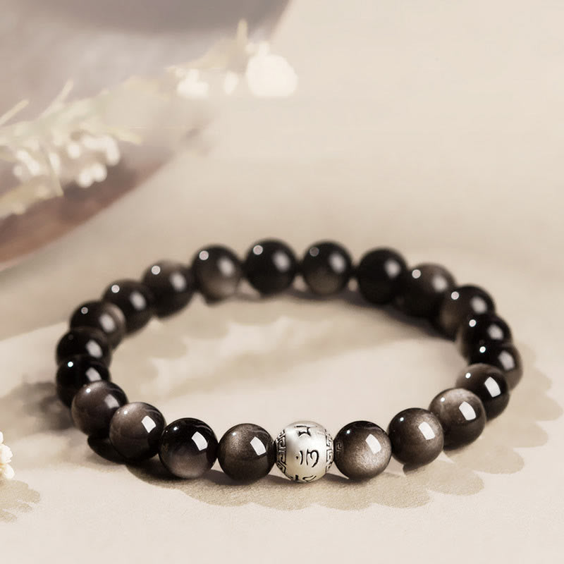 Nimara Ritual Natural Silver Sheen Obsidian Om Mani Padme Hum Protection Bracelet