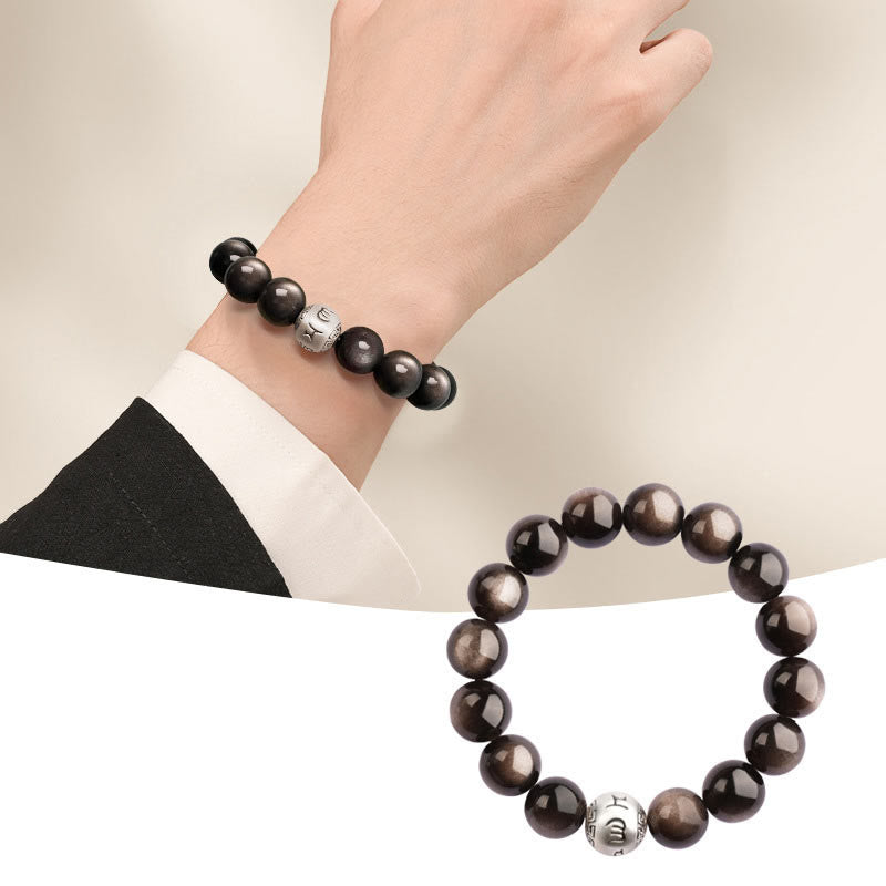 Nimara Ritual Natural Silver Sheen Obsidian Om Mani Padme Hum Protection Bracelet