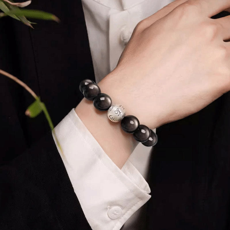 Nimara Ritual Natural Silver Sheen Obsidian Om Mani Padme Hum Protection Bracelet