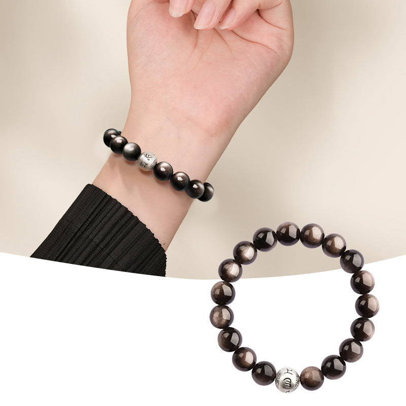 Nimara Ritual Natural Silver Sheen Obsidian Om Mani Padme Hum Protection Bracelet