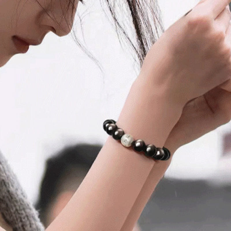 Nimara Ritual Natural Silver Sheen Obsidian Om Mani Padme Hum Protection Bracelet