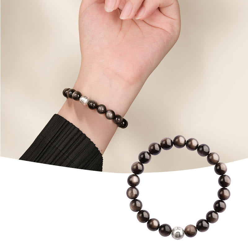 Nimara Ritual Natural Silver Sheen Obsidian Om Mani Padme Hum Protection Bracelet
