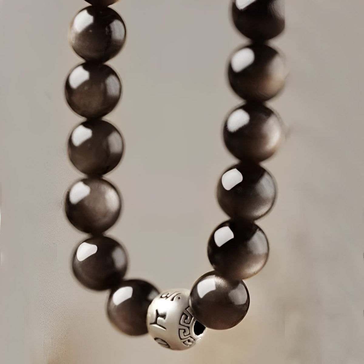 Nimara Ritual Natural Silver Sheen Obsidian Om Mani Padme Hum Protection Bracelet