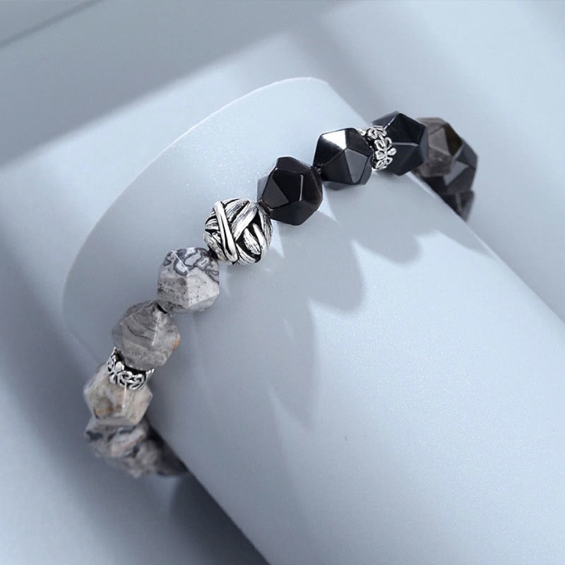 Nimara Ritual Natural Irregular Cut Obsidian Grey Jasper 925 Sterling Silver Rolled Leaf Bead Protection Bracelet