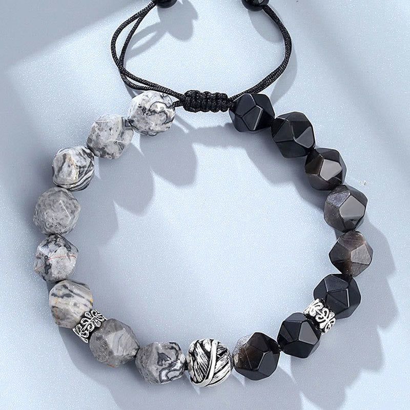 Nimara Ritual Natural Irregular Cut Obsidian Grey Jasper 925 Sterling Silver Rolled Leaf Bead Protection Bracelet