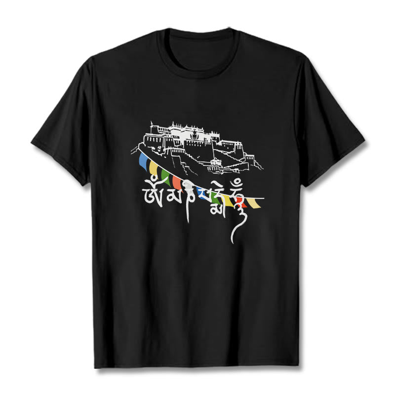 Nimara Ritual Potala Palace Om Mani Padme Hum Prayer Flags Cotton Tee T-shirt