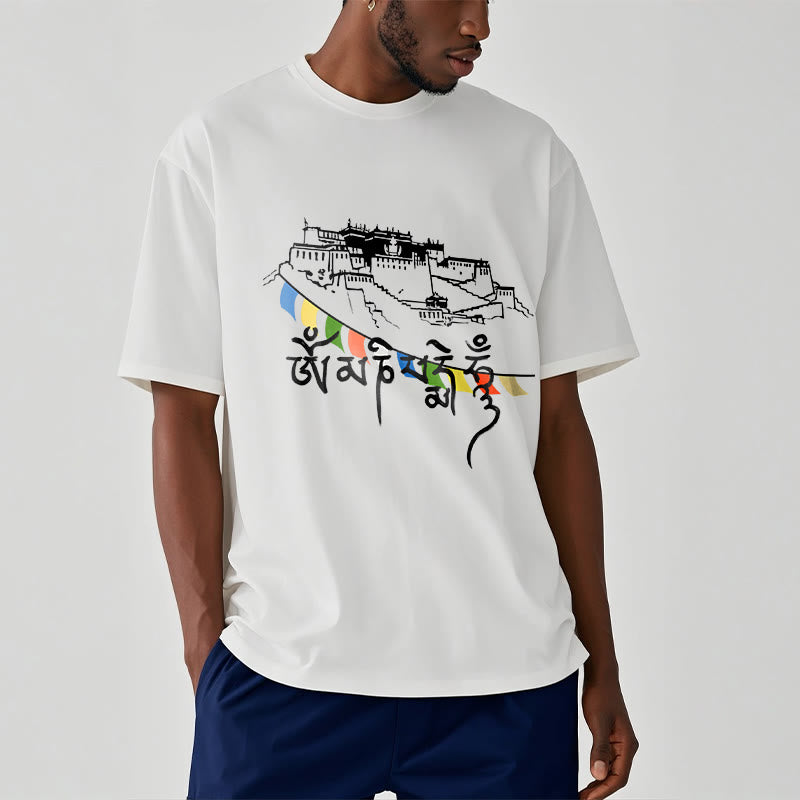 Nimara Ritual Potala Palace Om Mani Padme Hum Prayer Flags Cotton Tee T-shirt