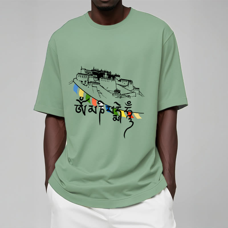 Nimara Ritual Potala Palace Om Mani Padme Hum Prayer Flags Cotton Tee T-shirt