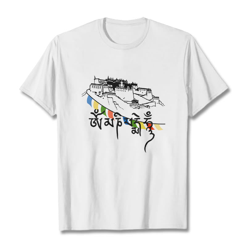 Nimara Ritual Potala Palace Om Mani Padme Hum Prayer Flags Cotton Tee T-shirt