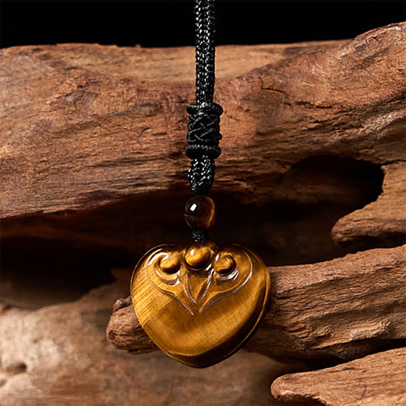 Nimara Ritual Natural Tiger Eye Love Heart Pattern Protection Rope Necklace Pendant