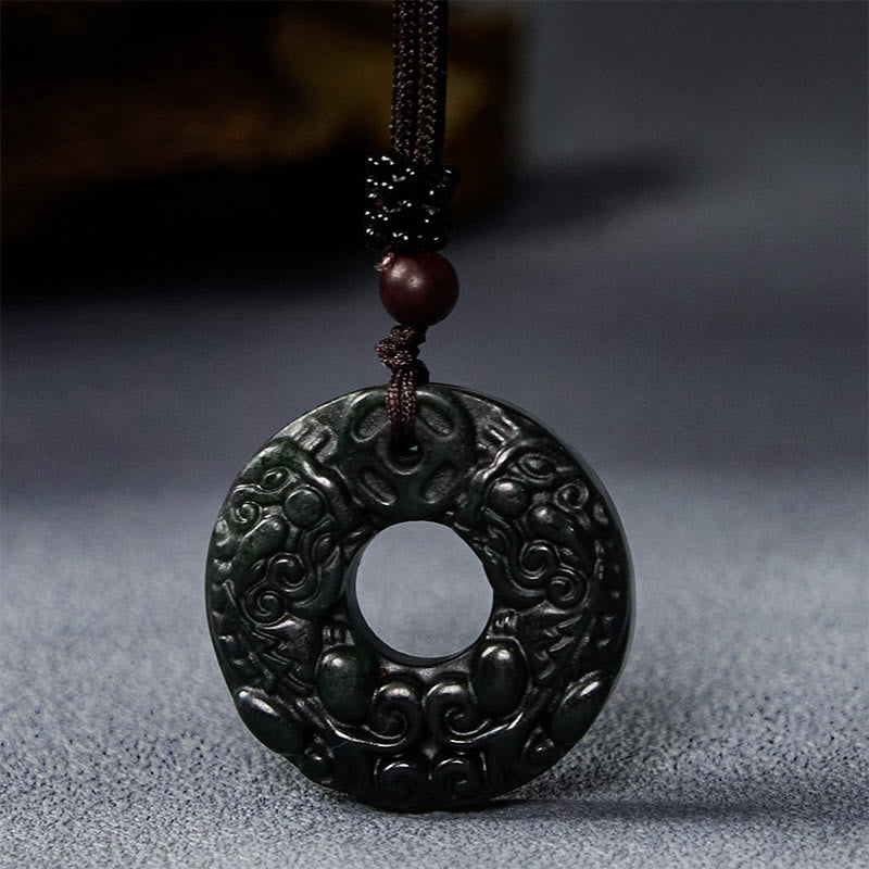 Nimara Ritual Tibetan Nanyang Black-Green Jade PiXiu Peace Buckle Protection Necklace Pendant