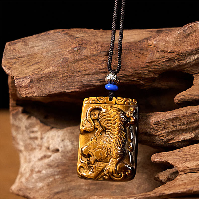 Nimara Ritual Natural Tiger Eye Square Tiger Pattern Protection Rope Necklace Pendant