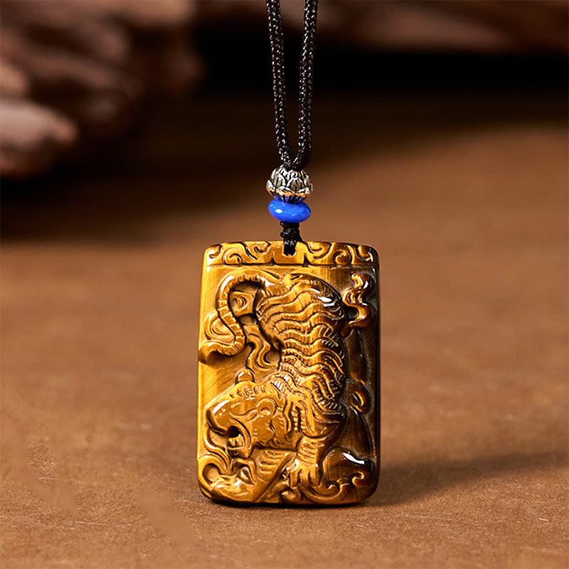 Nimara Ritual Natural Tiger Eye Square Tiger Pattern Protection Rope Necklace Pendant