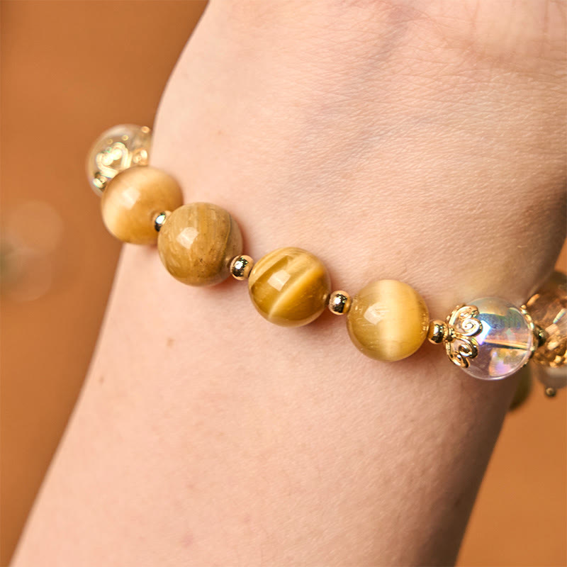 Nimara Ritual Natural Tiger Eye Beads Green Leaf Courage Bracelet