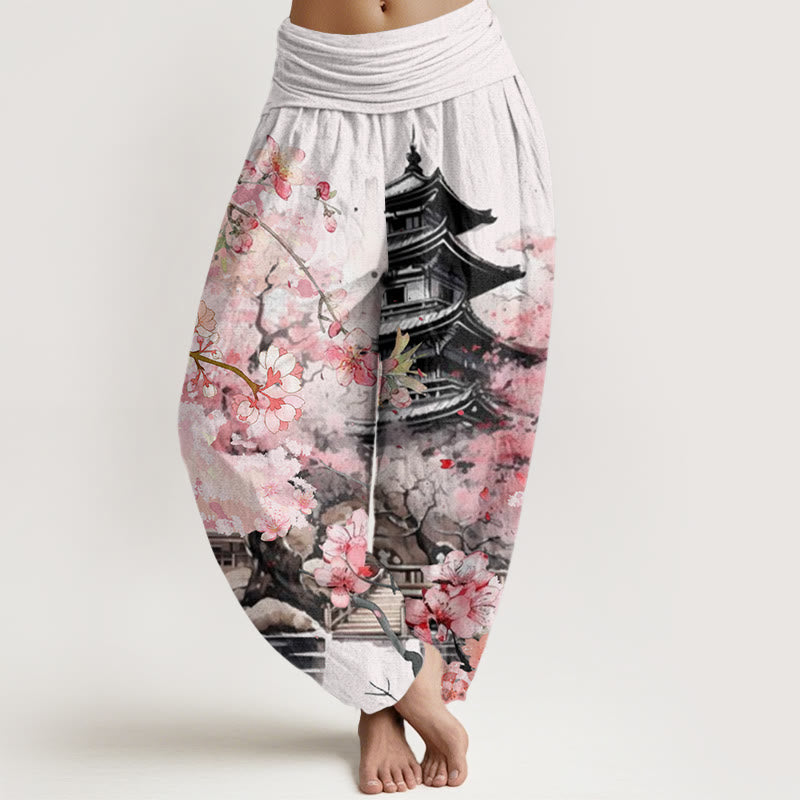Nimara Ritual Cotton Pavilion Cherry Blossom Pattern Women's Elastic Waist Harem Pants