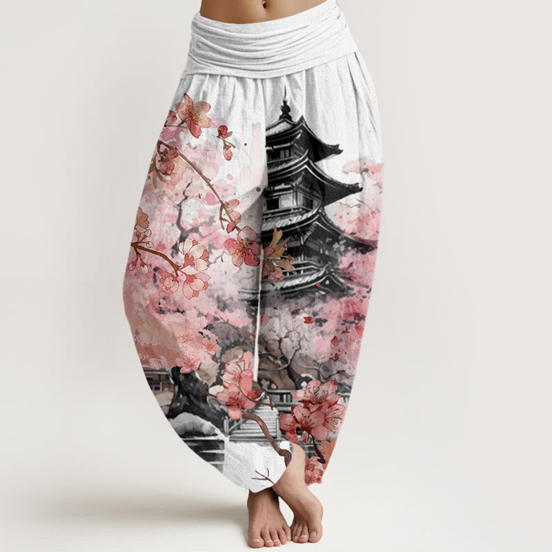 Nimara Ritual Cotton Pavilion Cherry Blossom Pattern Women's Elastic Waist Harem Pants