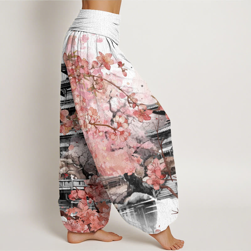 Nimara Ritual Cotton Pavilion Cherry Blossom Pattern Women's Elastic Waist Harem Pants