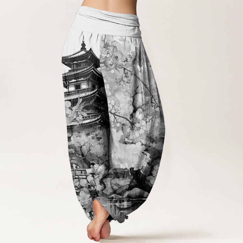 Nimara Ritual Cotton Pavilion Cherry Blossom Pattern Women's Elastic Waist Harem Pants