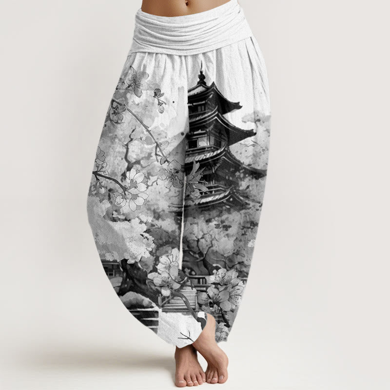 Nimara Ritual Cotton Pavilion Cherry Blossom Pattern Women's Elastic Waist Harem Pants