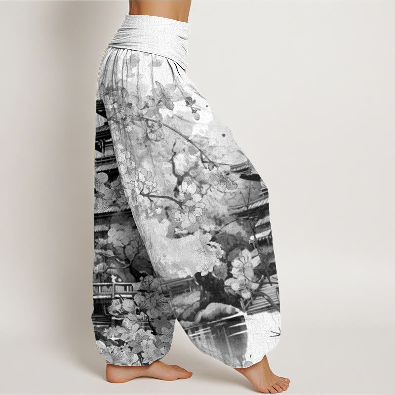 Nimara Ritual Cotton Pavilion Cherry Blossom Pattern Women's Elastic Waist Harem Pants