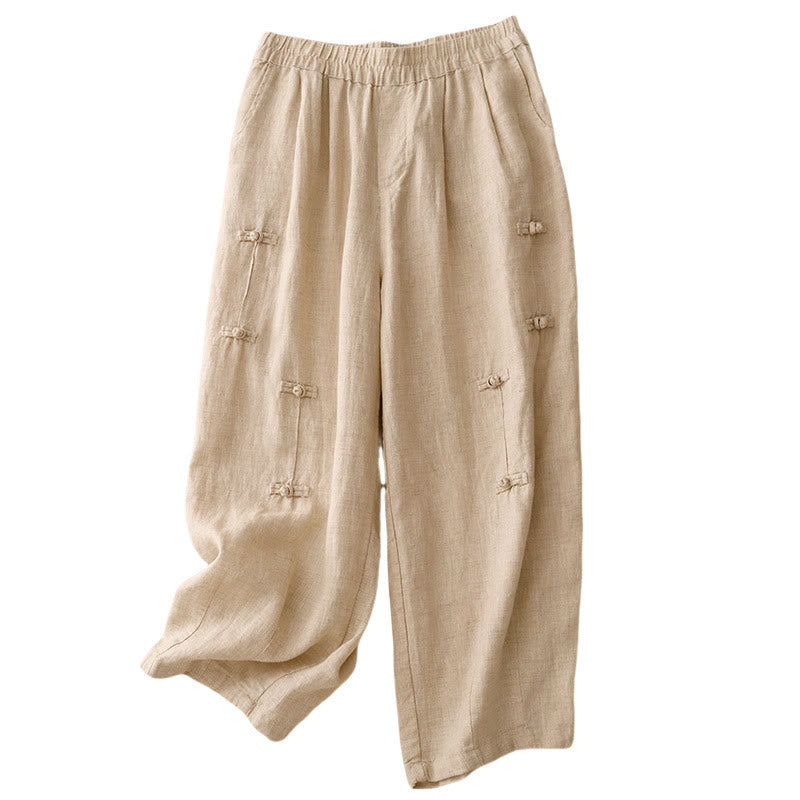 Nimara Ritual Casual Plain Frog-Button Design 7-8 Length Cotton Linen Women's Harem Pants With Pockets
