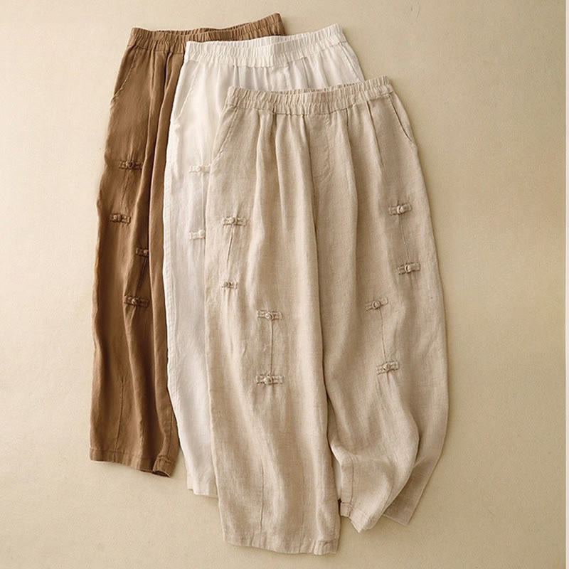 Nimara Ritual Casual Plain Frog-Button Design 7-8 Length Cotton Linen Women's Harem Pants With Pockets
