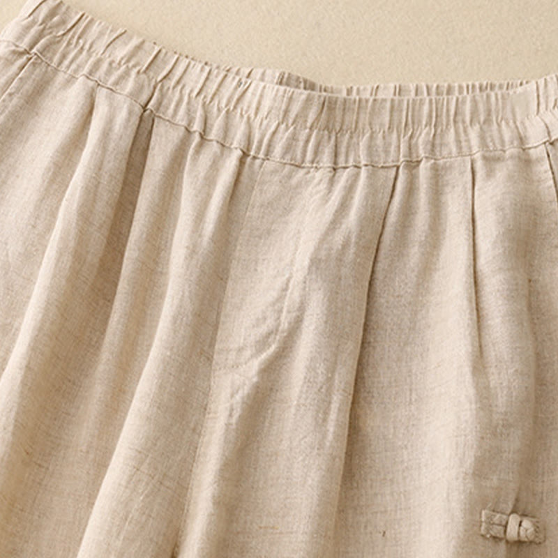 Nimara Ritual Casual Plain Frog-Button Design 7-8 Length Cotton Linen Women's Harem Pants With Pockets