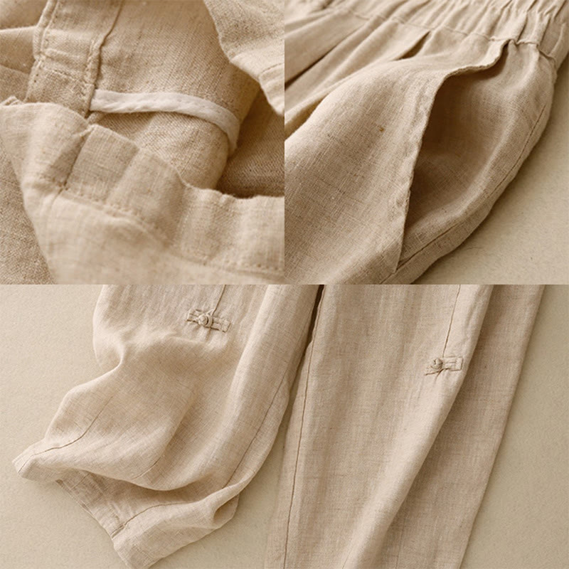 Nimara Ritual Casual Plain Frog-Button Design 7-8 Length Cotton Linen Women's Harem Pants With Pockets