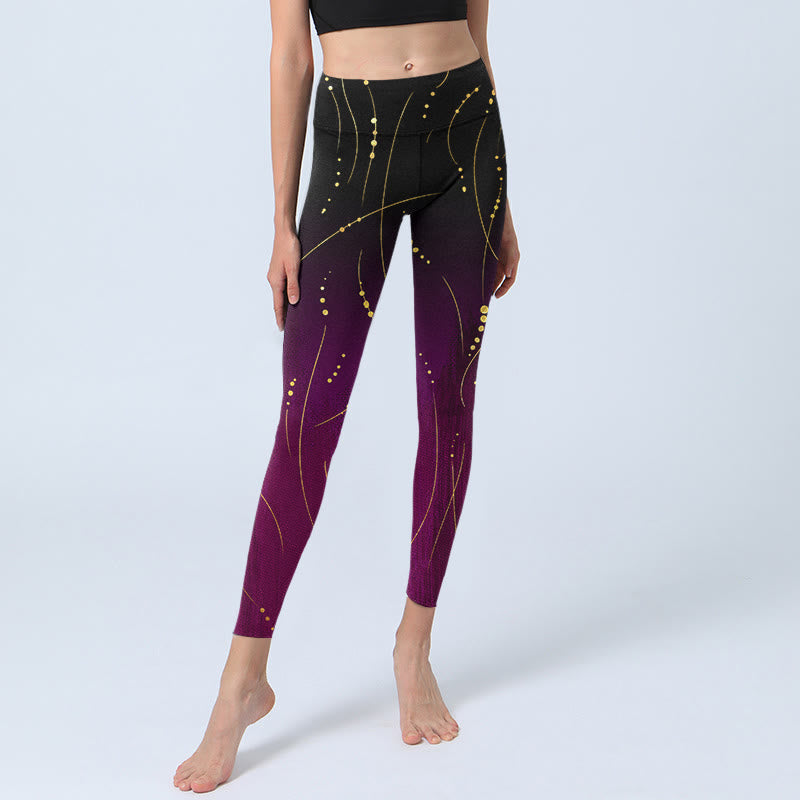 Nimara Ritual Abstract Gradient Thin And Long Gold Line Pattern Print Gym Leggings Women's Yoga Pants