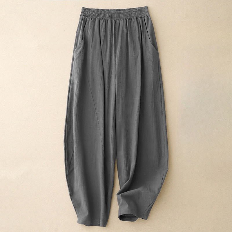 Nimara Ritual Daily Plain Elastic Waistband Cotton Linen Women's Pants With Pockets