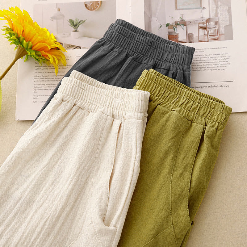 Nimara Ritual Daily Plain Elastic Waistband Cotton Linen Women's Pants With Pockets