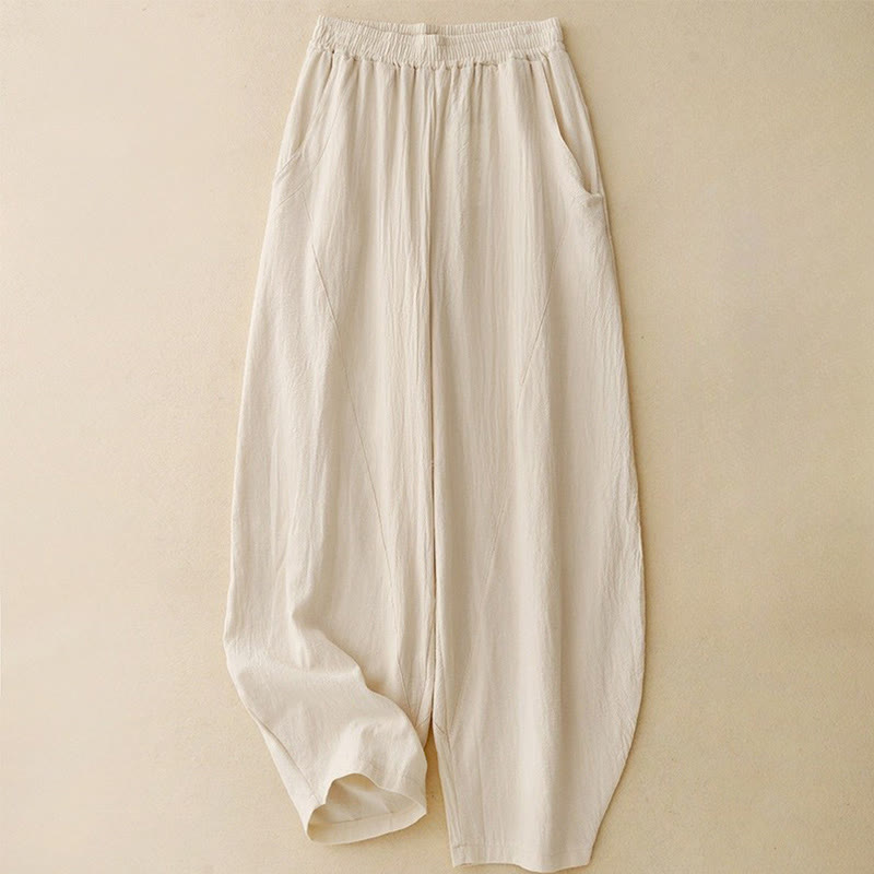 Nimara Ritual Daily Plain Elastic Waistband Cotton Linen Women's Pants With Pockets