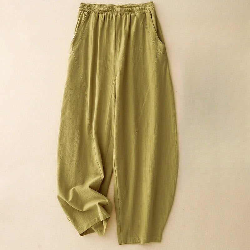Nimara Ritual Daily Plain Elastic Waistband Cotton Linen Women's Pants With Pockets