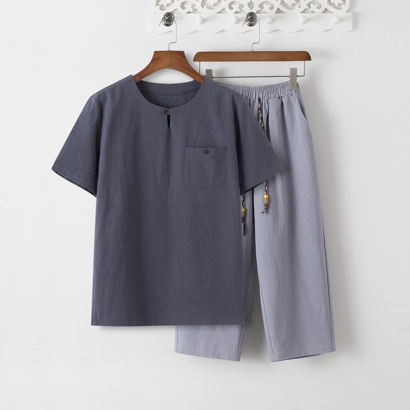 Nimara Ritual Summer 2Pcs Plain Short Sleeve T-Shirt 7-8 Length Pants Cotton Linen Tang Suit Men's Meditation Cloth Set With Pockets
