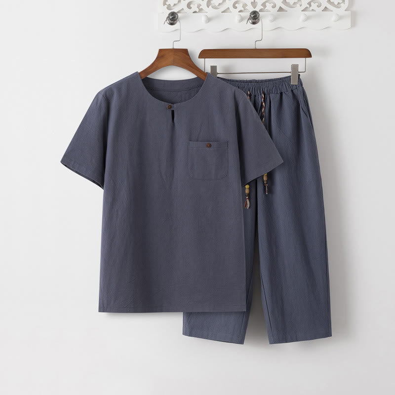 Nimara Ritual Summer 2Pcs Plain Short Sleeve T-Shirt 7-8 Length Pants Cotton Linen Tang Suit Men's Meditation Cloth Set With Pockets