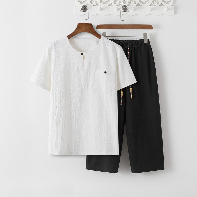 Nimara Ritual Summer 2Pcs Plain Short Sleeve T-Shirt 7-8 Length Pants Cotton Linen Tang Suit Men's Meditation Cloth Set With Pockets