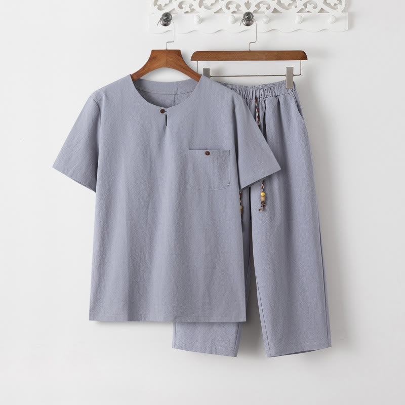 Nimara Ritual Summer 2Pcs Plain Short Sleeve T-Shirt 7-8 Length Pants Cotton Linen Tang Suit Men's Meditation Cloth Set With Pockets