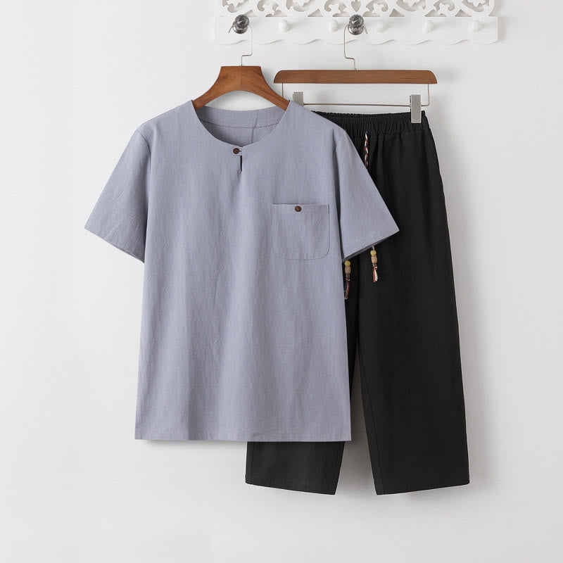 Nimara Ritual Summer 2Pcs Plain Short Sleeve T-Shirt 7-8 Length Pants Cotton Linen Tang Suit Men's Meditation Cloth Set With Pockets
