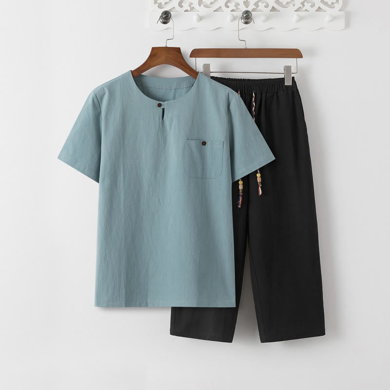 Nimara Ritual Summer 2Pcs Plain Short Sleeve T-Shirt 7-8 Length Pants Cotton Linen Tang Suit Men's Meditation Cloth Set With Pockets