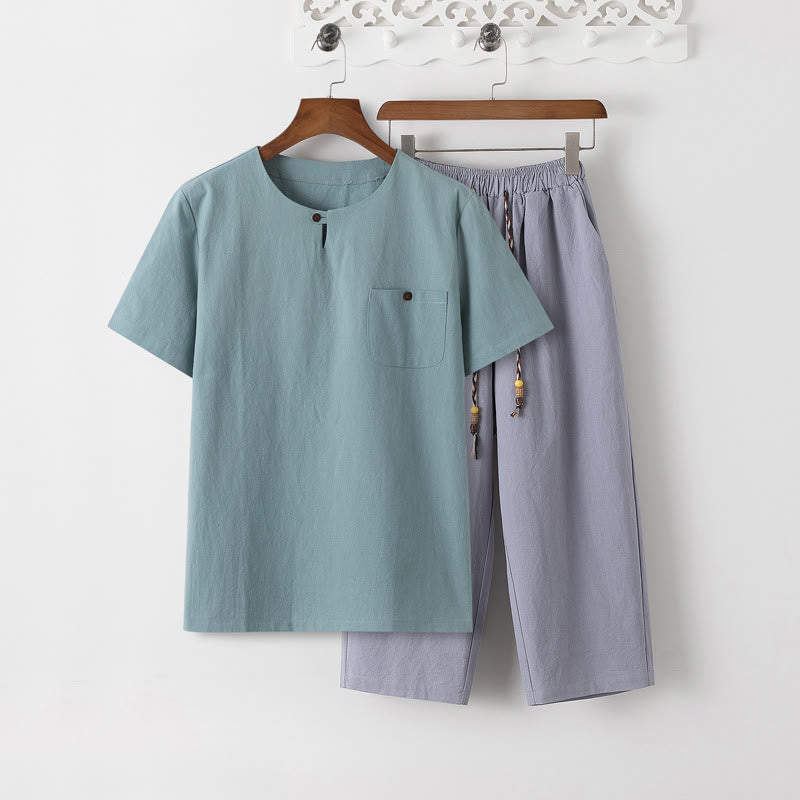 Nimara Ritual Summer 2Pcs Plain Short Sleeve T-Shirt 7-8 Length Pants Cotton Linen Tang Suit Men's Meditation Cloth Set With Pockets