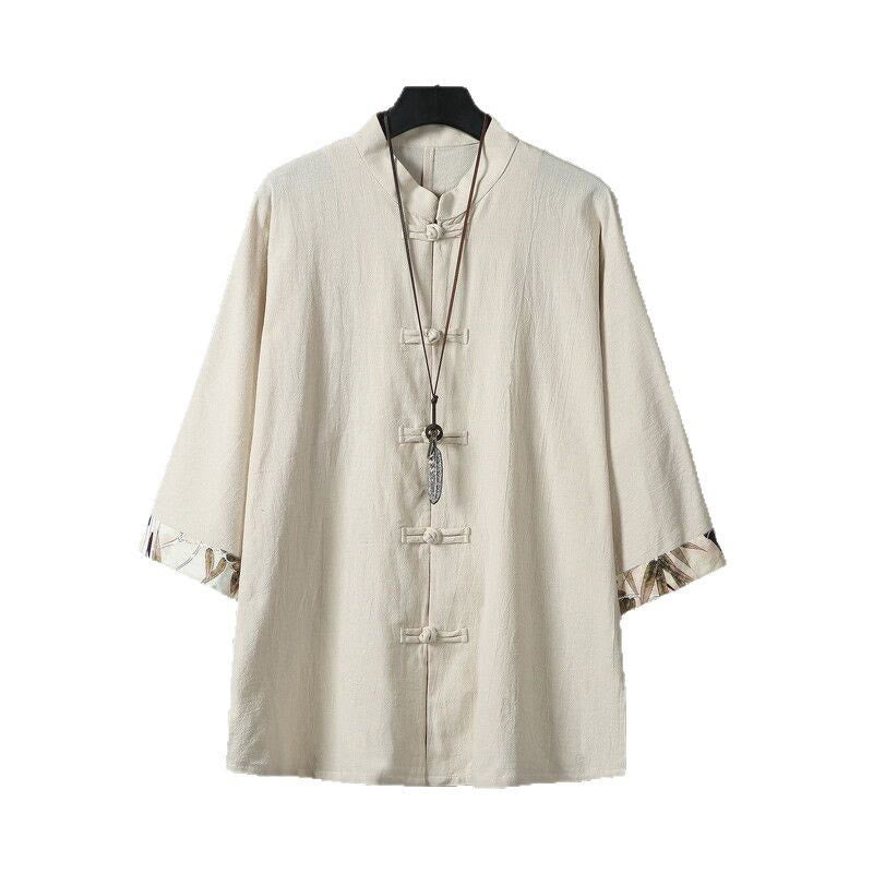 Nimara Ritual Summer Frog-button Patchwork Half Sleeve Design Cotton Linen Men's Shirt Jacket