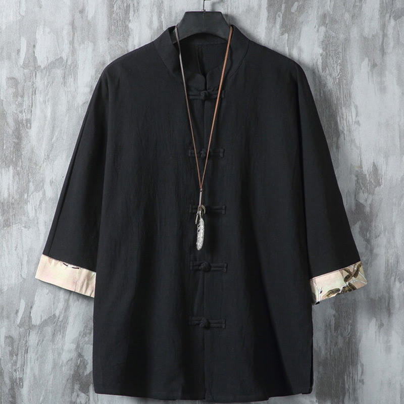 Nimara Ritual Summer Frog-button Patchwork Half Sleeve Design Cotton Linen Men's Shirt Jacket