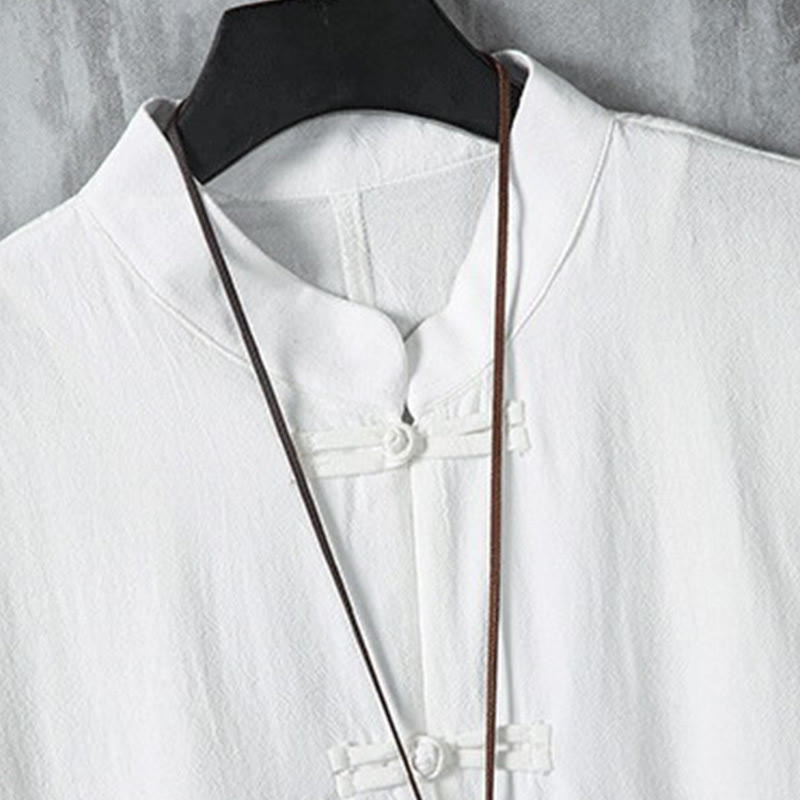 Nimara Ritual Summer Frog-button Patchwork Half Sleeve Design Cotton Linen Men's Shirt Jacket