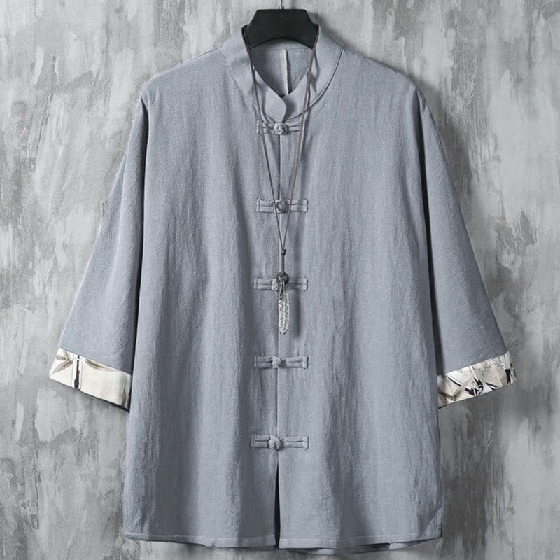 Nimara Ritual Summer Frog-button Patchwork Half Sleeve Design Cotton Linen Men's Shirt Jacket