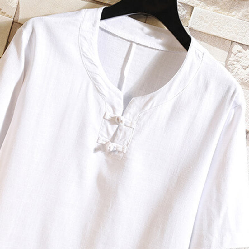 Nimara Ritual Summer Chinese Frog-button Men's Solid Color Button Short Sleeve Cotton Linen Shirt