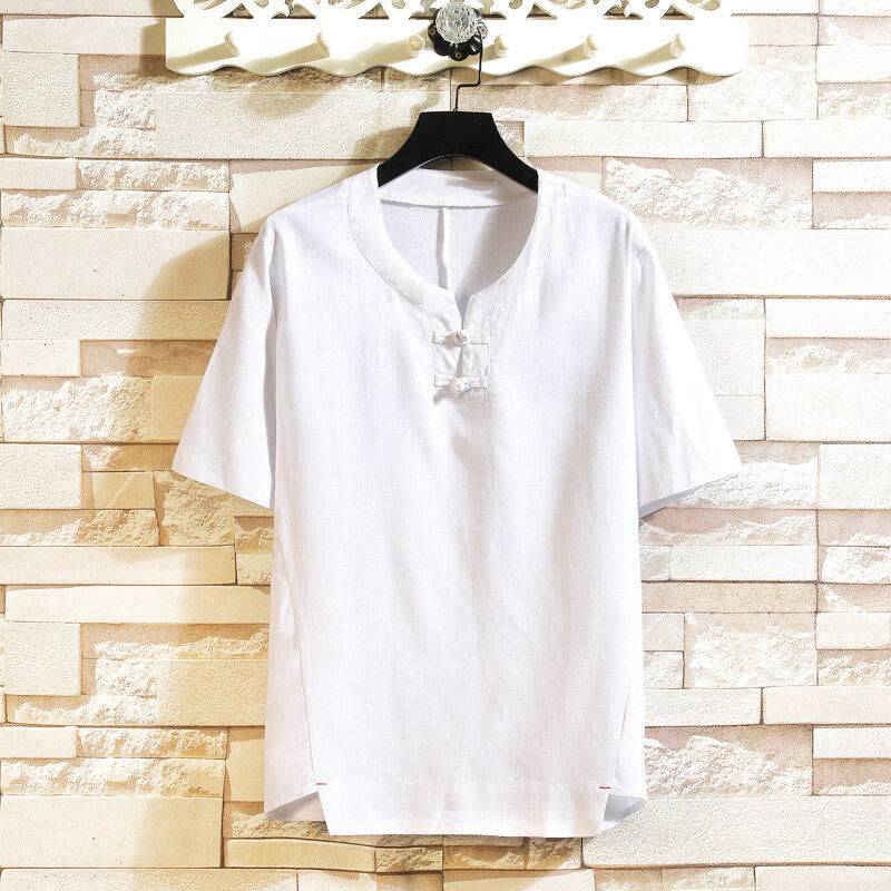 Nimara Ritual Summer Chinese Frog-button Men's Solid Color Button Short Sleeve Cotton Linen Shirt