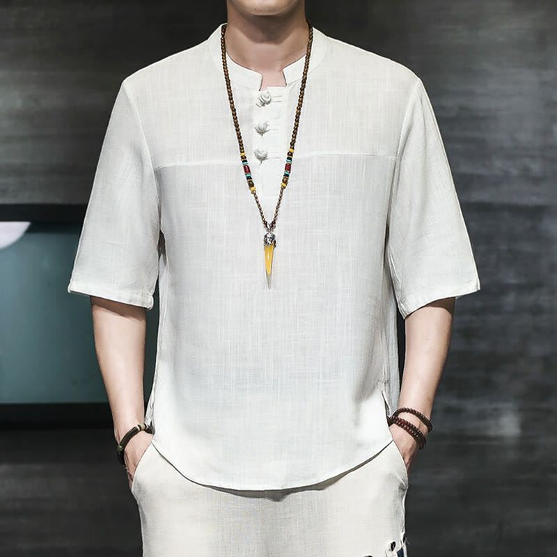 Nimara Ritual Casual Vintage Chinese Frog-Button Men's Half Sleeve Cotton Linen T-Shirt