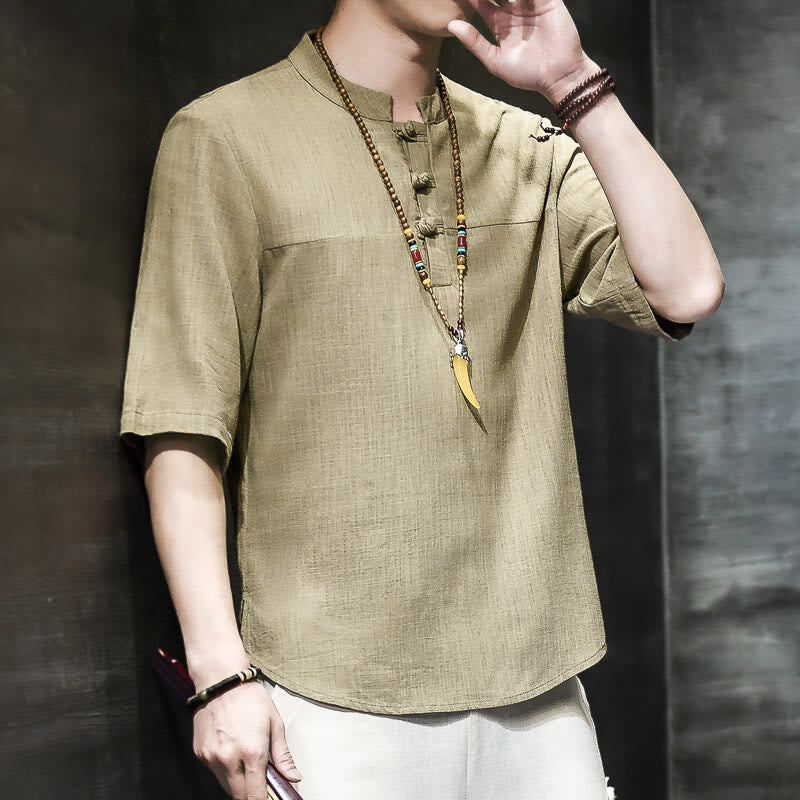 Nimara Ritual Casual Vintage Chinese Frog-Button Men's Half Sleeve Cotton Linen T-Shirt